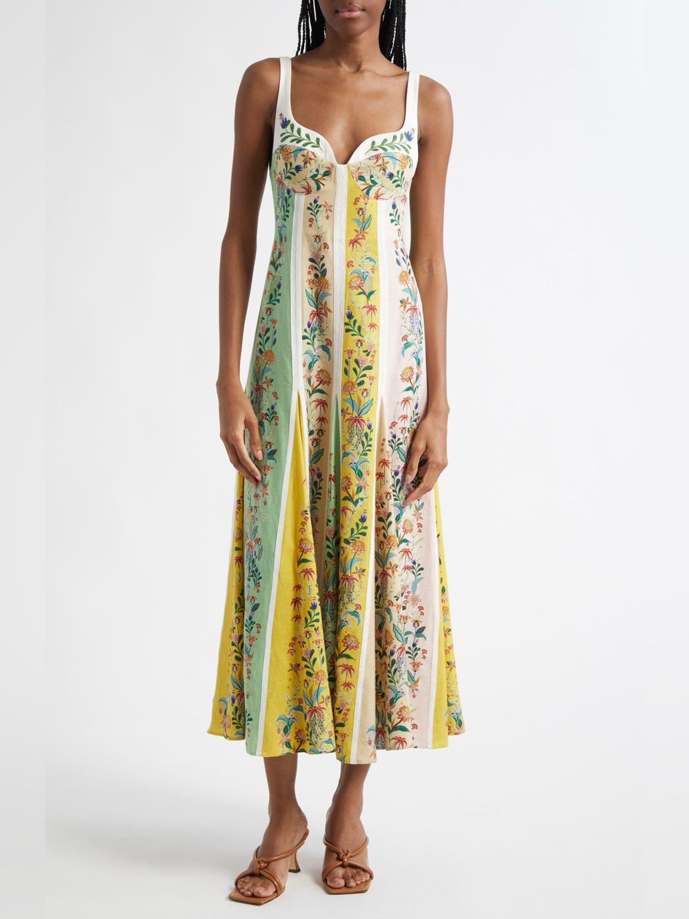 NWT FARM Rio Delicate Floral Stripes Linen Maxi Corset Dress‎ L